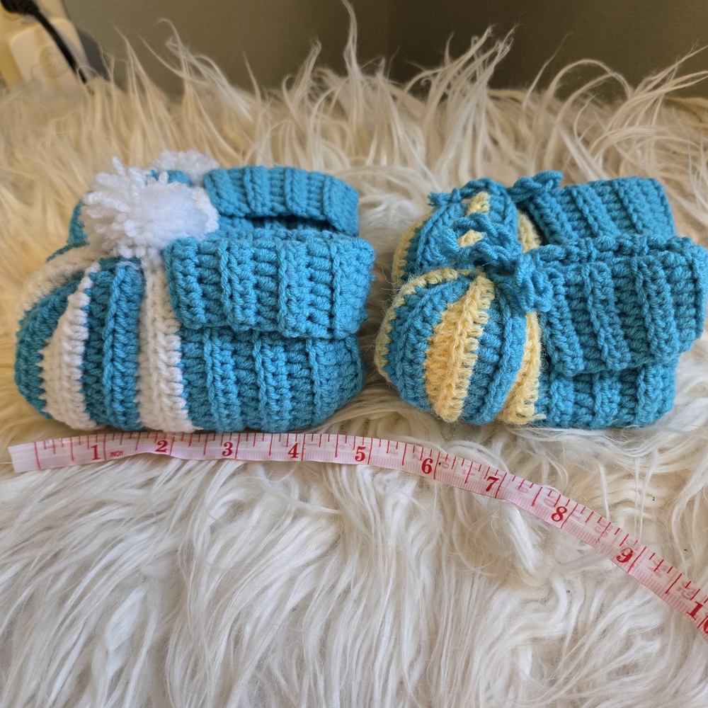 Handmade Knitted Baby Booties - Blue and Yellow